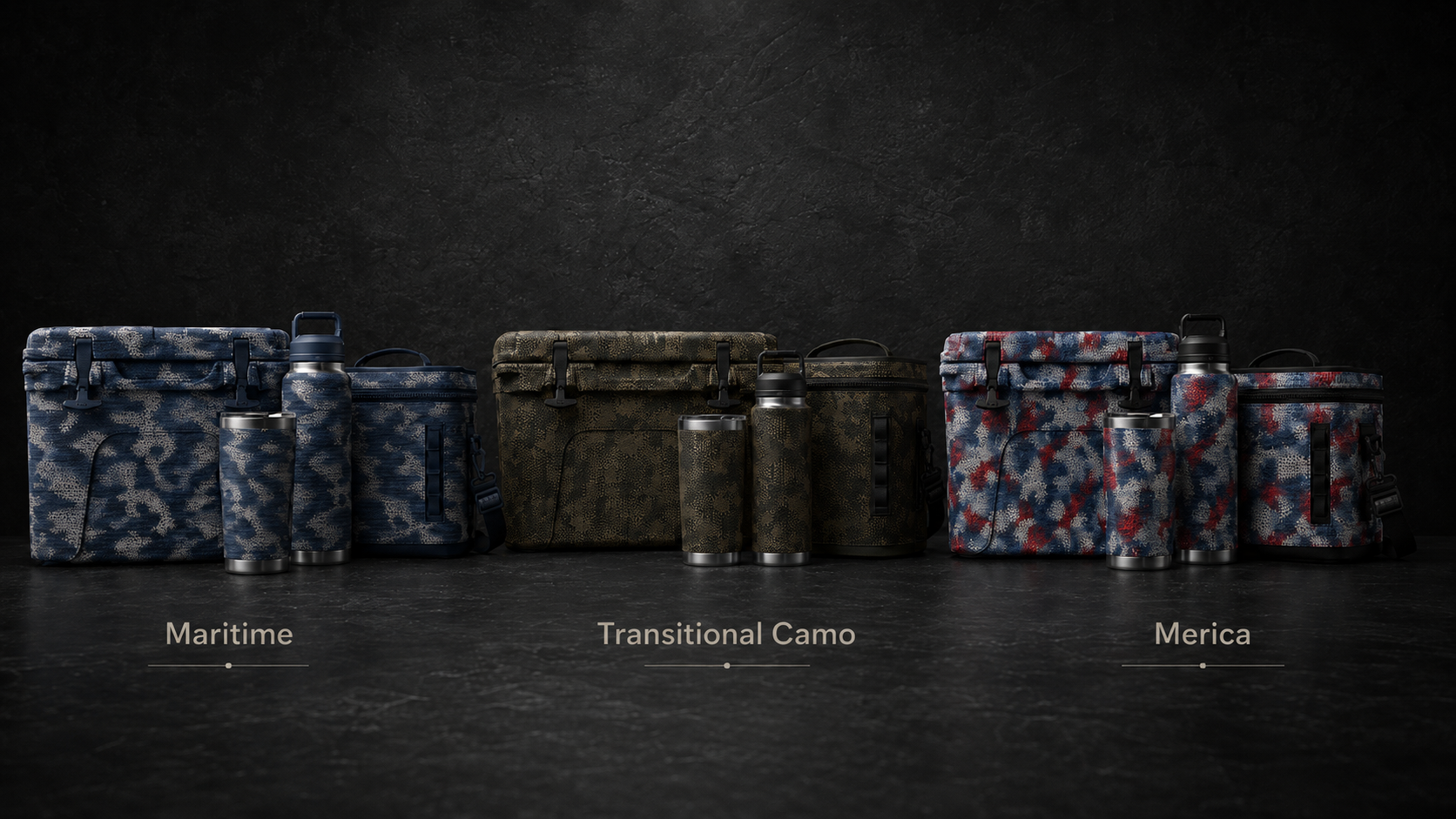 Work Raptor V7 hard goods — coolers, tumblers, and soft coolers in Maritime, Transitional, and 'Merica