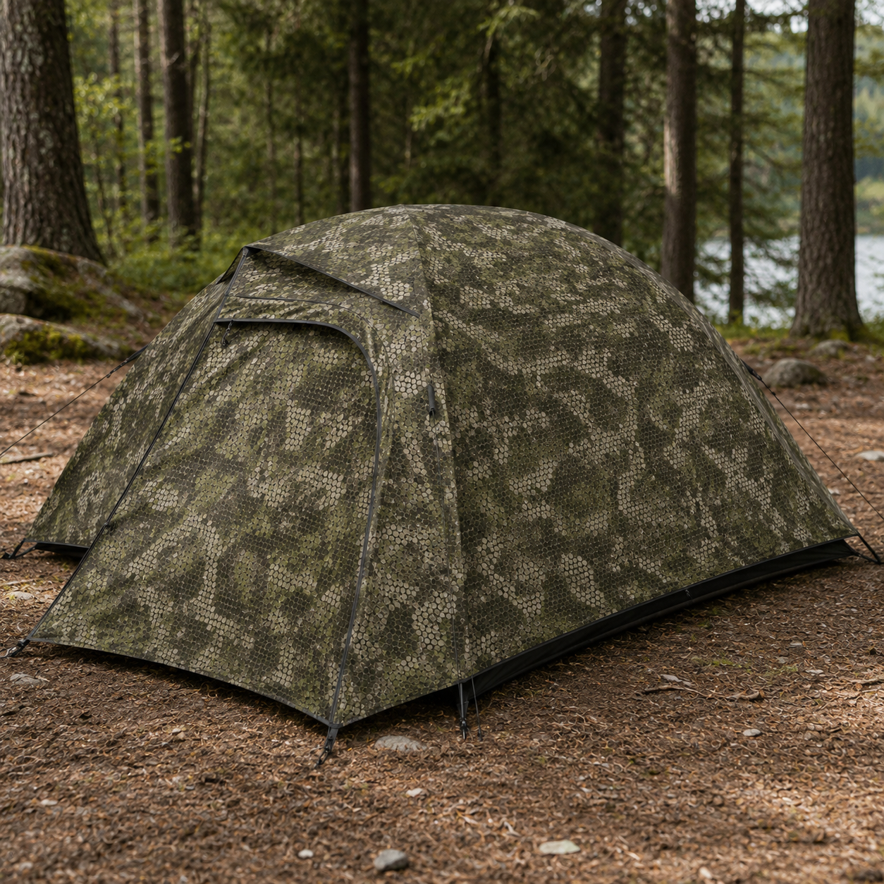 Work Raptor V7 Transitional — camo tent, backcountry campsite